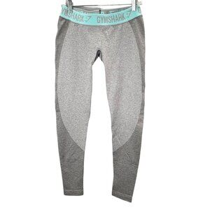 Gymshark Flex Leggings size L Women Gray Aqua Blue Spellout Logo Waistband